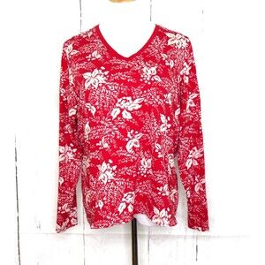 Lands' End Women's XL 18 Relaxed Fit Top Long Sleeve V-Neck Red White Floral